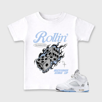 Sneaker match tees – Sneaker Tees To Match Air Jordan 5 White Metallic Shoes – Rollin Numbers Kids T-Shirt White 1