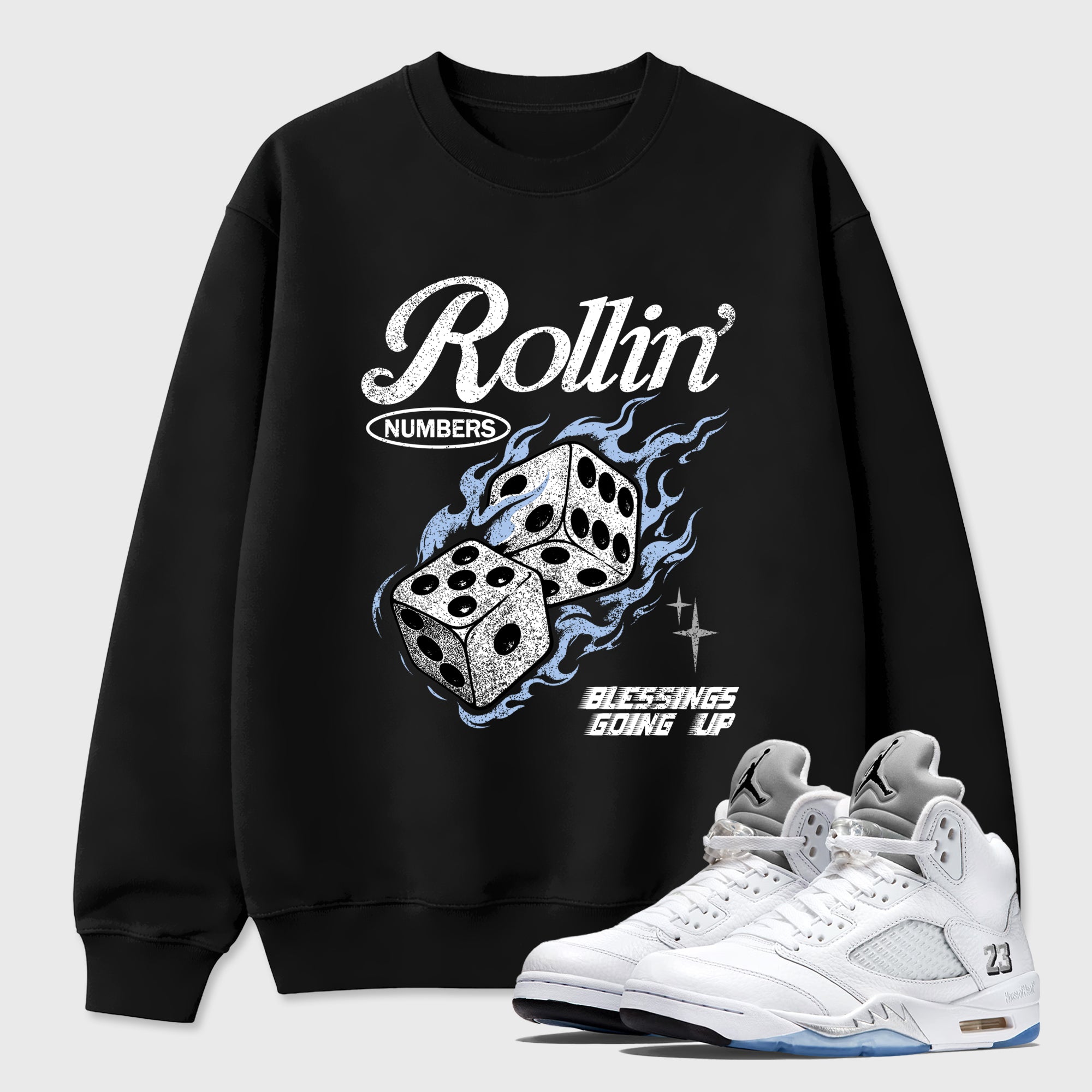 Sneaker match tees – Sneaker Tees To Match Air Jordan 5 White Metallic Shoes – Rollin Numbers Tee Black 1