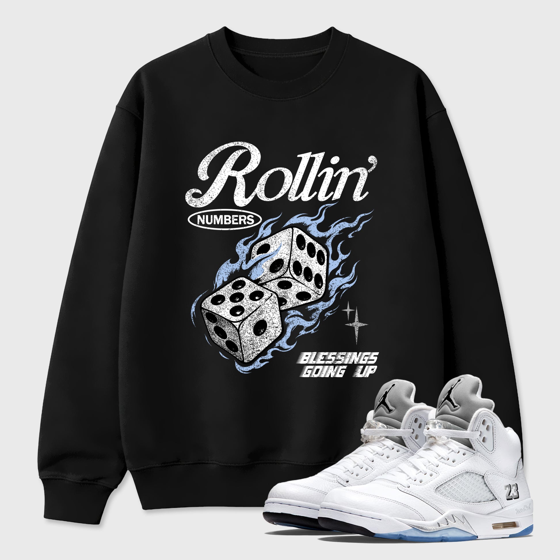 Sneaker match tees – Sneaker Tees To Match Air Jordan 5 White Metallic Shoes – Rollin Numbers Tee Black 1