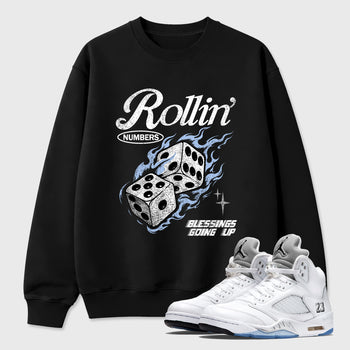 Sneaker match tees – Sneaker Tees To Match Air Jordan 5 White Metallic Shoes – Rollin Numbers Tee Black 1