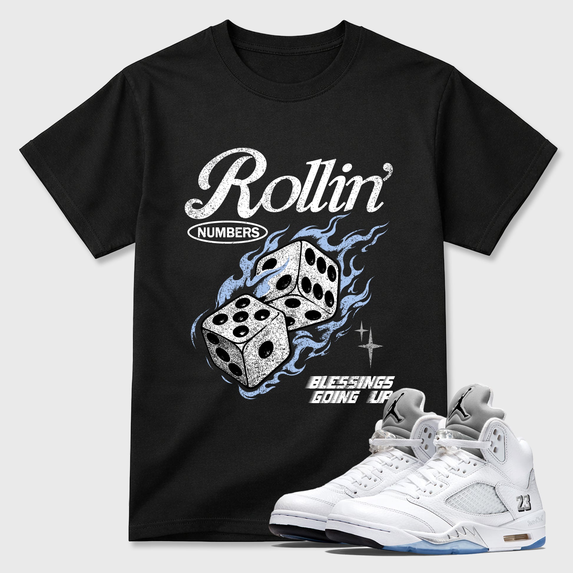 Sneaker match tees – Sneaker Tees To Match Air Jordan 5 White Metallic Shoes – Rollin Numbers Tee Black 1