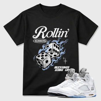 Sneaker match tees – Sneaker Tees To Match Air Jordan 5 White Metallic Shoes – Rollin Numbers Tee Black 1