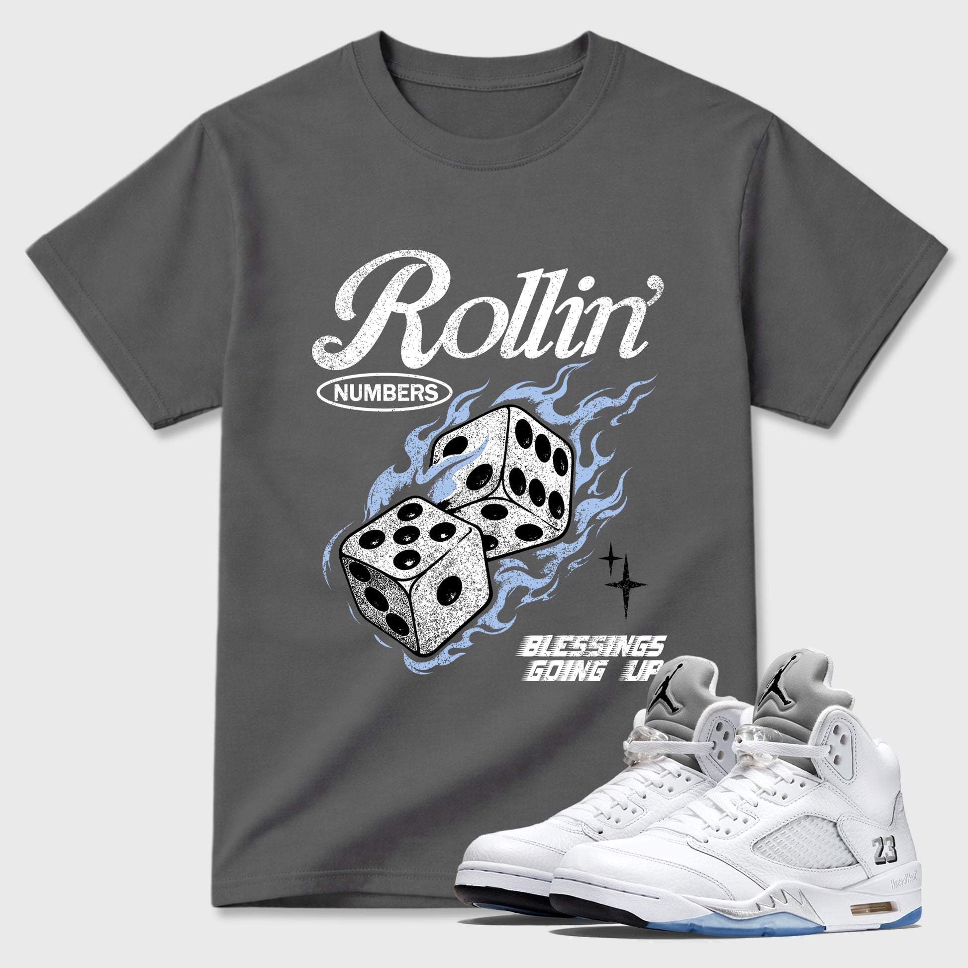Sneaker match tees – Sneaker Tees To Match Air Jordan 5 White Metallic Shoes – Rollin Numbers Tee Cool Grey 1
