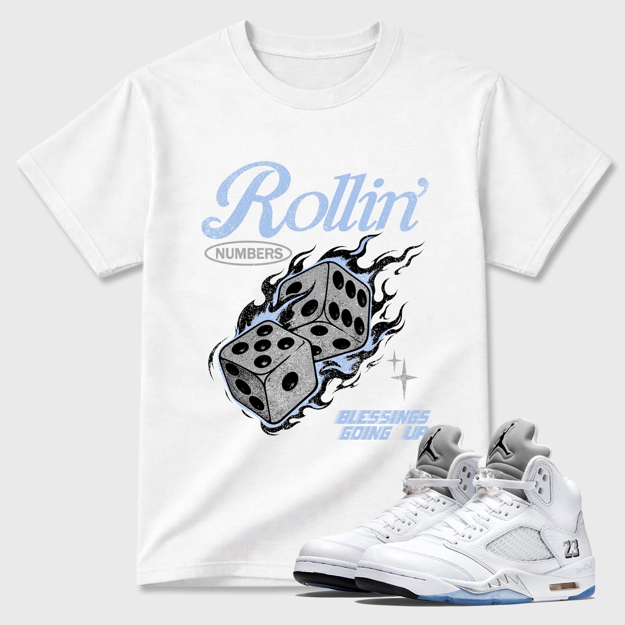Sneaker match tees – Sneaker Tees To Match Air Jordan 5 White Metallic Shoes – Rollin Numbers Tee White 1