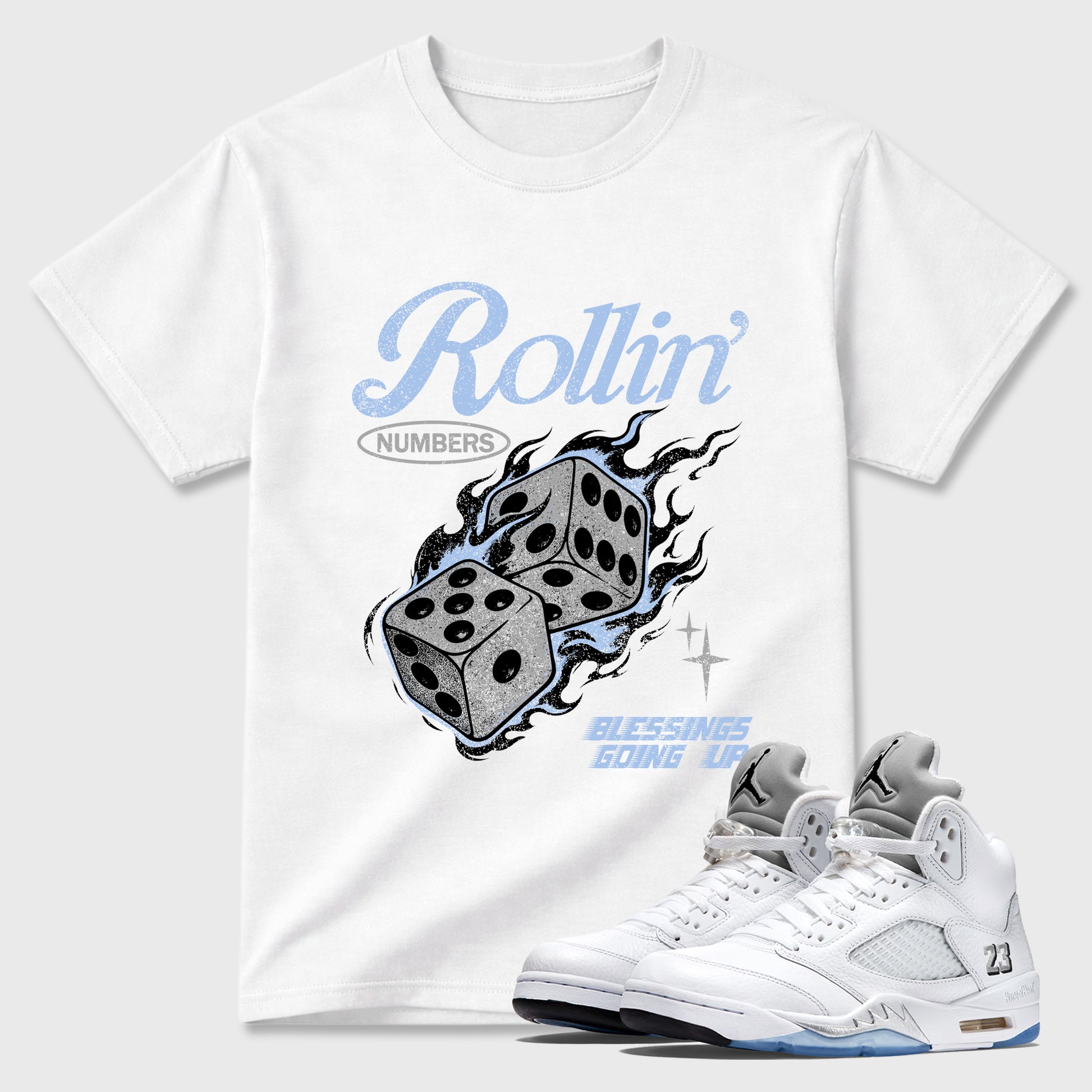 Sneaker match tees – Sneaker Tees To Match Air Jordan 5 White Metallic Shoes – Rollin Numbers Tee White 1