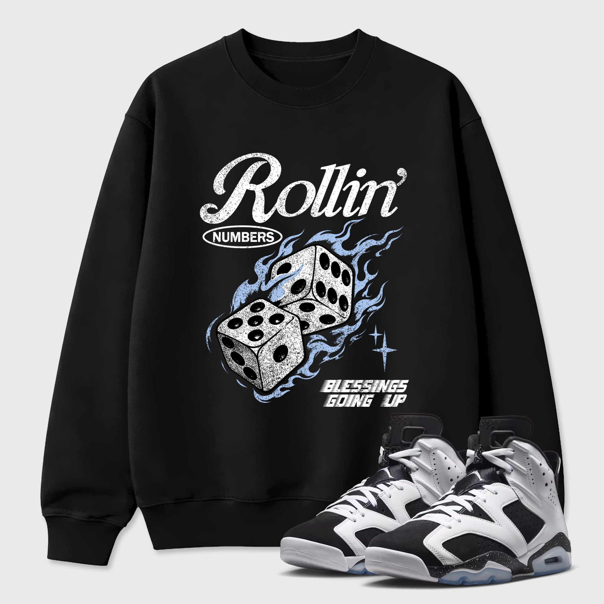 Rollin Numbers Graphic T-Shirt featuring original streetwear artwork designed to match the Air Jordan 6 Black and White. Black 1 Graphic Tee.