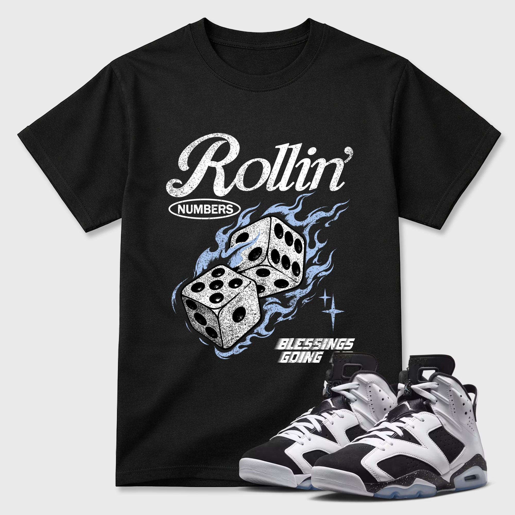 Rollin Numbers Graphic T-Shirt featuring original streetwear artwork designed to match the Air Jordan 6 Black and White. Black 1 Graphic T-Shirt.