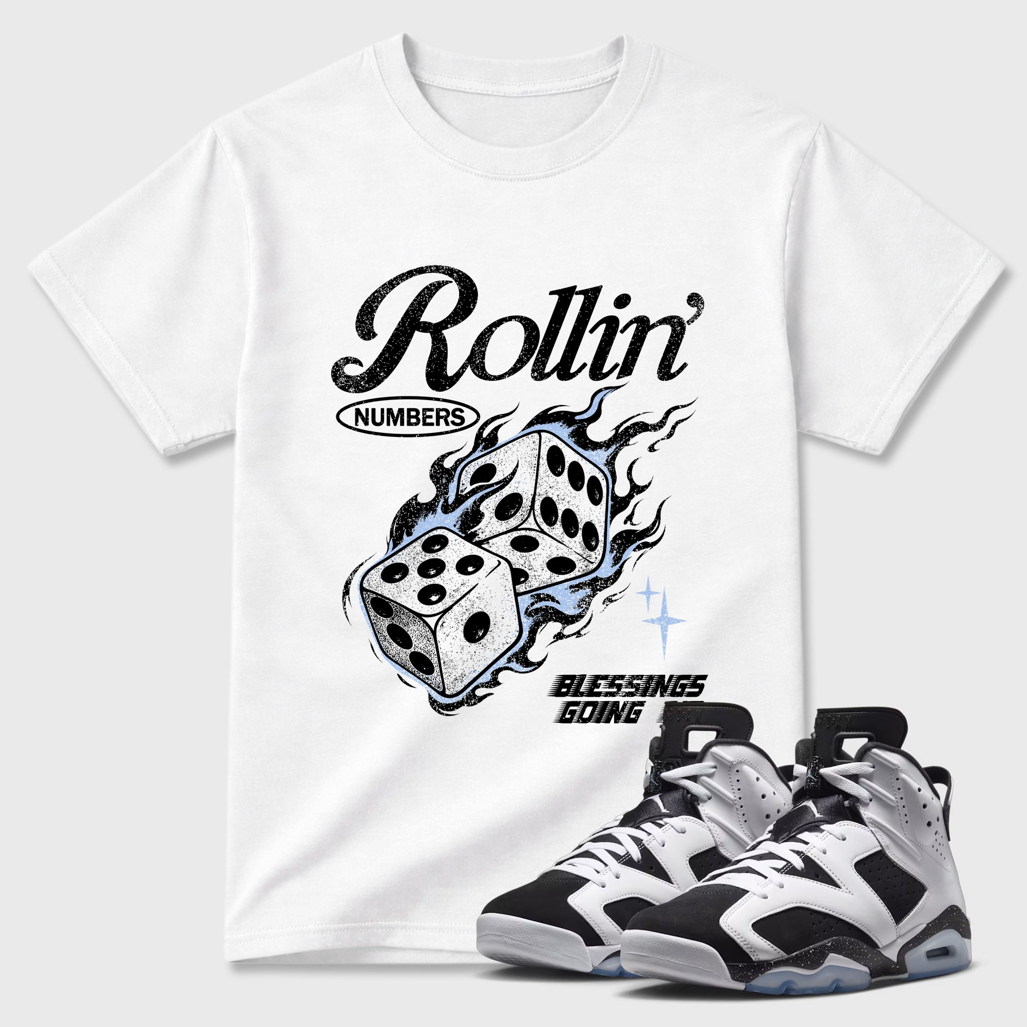 Rollin Numbers Graphic T-Shirt featuring original streetwear artwork designed to match the Air Jordan 6 Black and White. White 1 Graphic T-Shirt.
