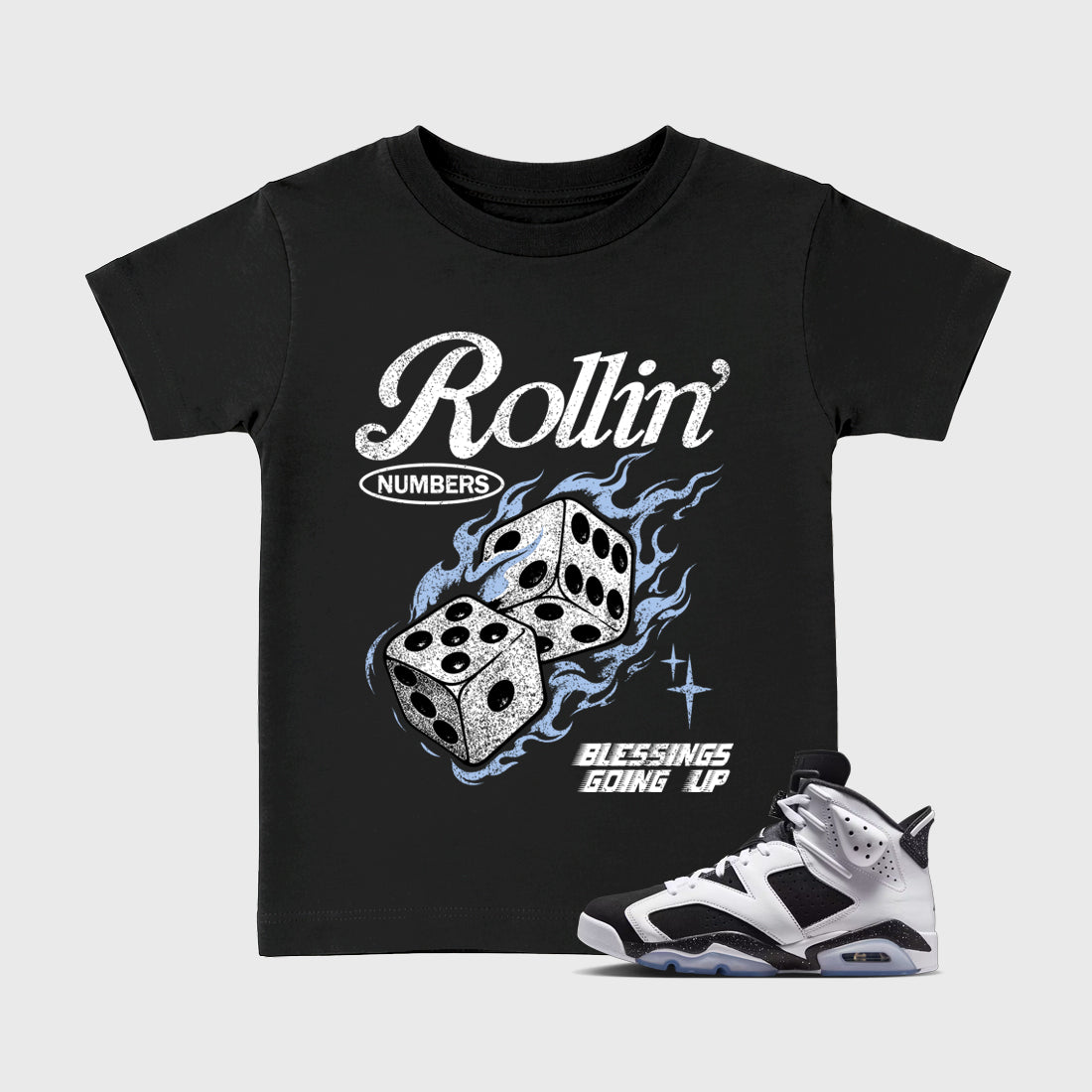 Rollin Numbers Baby & Kids Graphic T-Shirt featuring original artwork designed to match the Air Jordan 6 Black and White. Black 1 Kids Graphic Tee.
