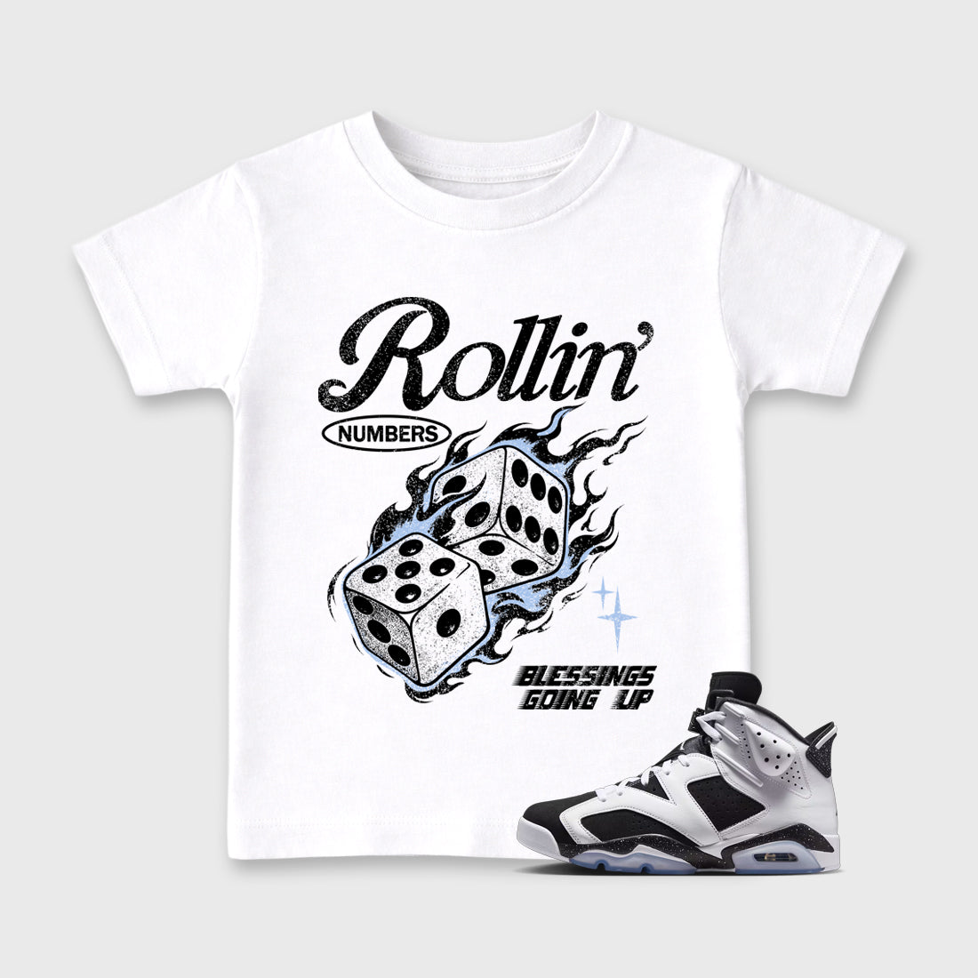 Rollin Numbers Baby & Kids Graphic T-Shirt featuring original artwork designed to match the Air Jordan 6 Black and White. White 1 Kids Graphic Tee.