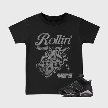 Sneaker match tees – Sneaker Tees To Match Air Jordan 6 Cap and Gown Shoes – Rollin Numbers Kids T-Shirt Black 1