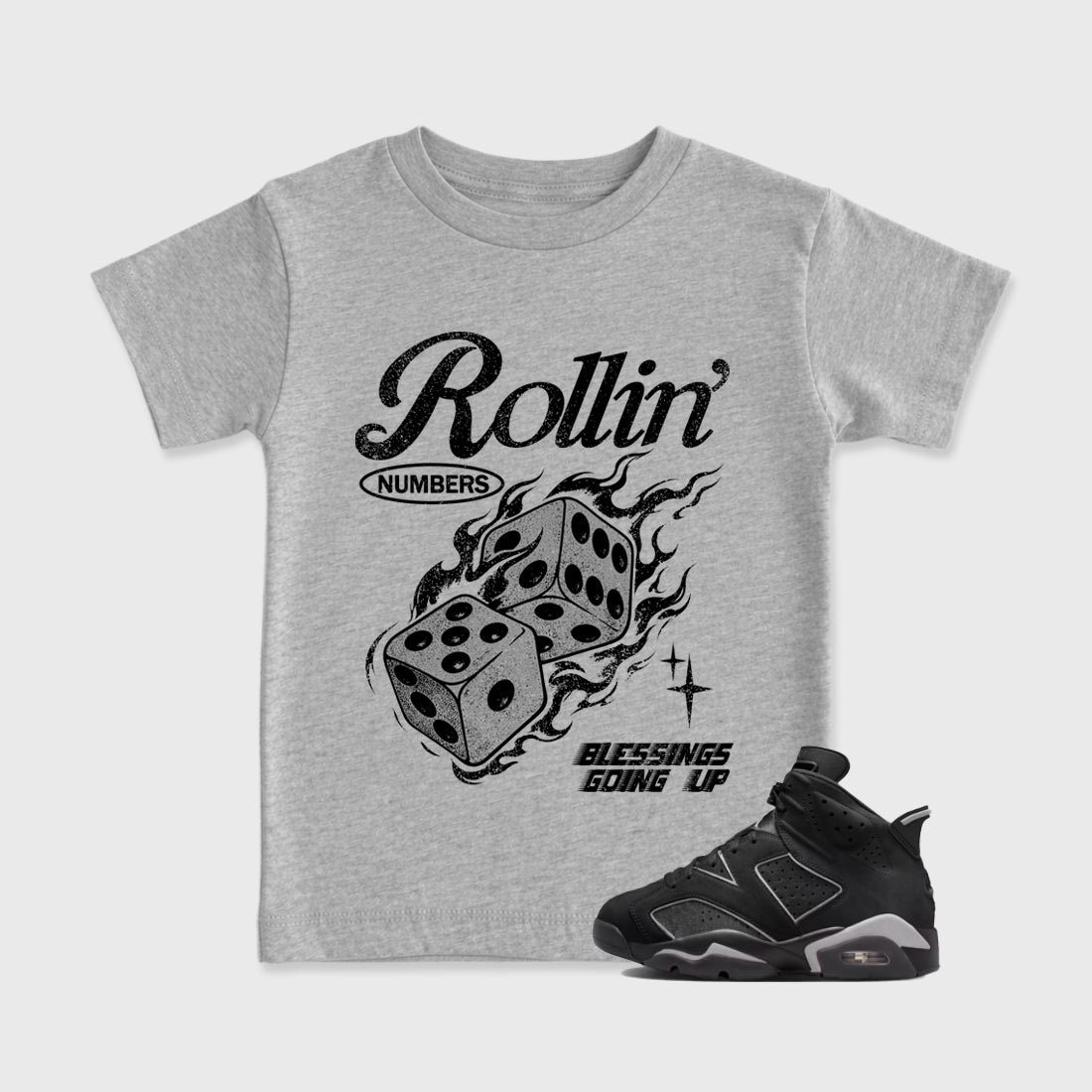 Sneaker match tees – Sneaker Tees To Match Air Jordan 6 Cap and Gown Shoes – Rollin Numbers Kids T-Shirt Heather Grey 1