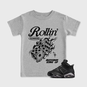 Sneaker match tees – Sneaker Tees To Match Air Jordan 6 Cap and Gown Shoes – Rollin Numbers Kids T-Shirt Heather Grey 1