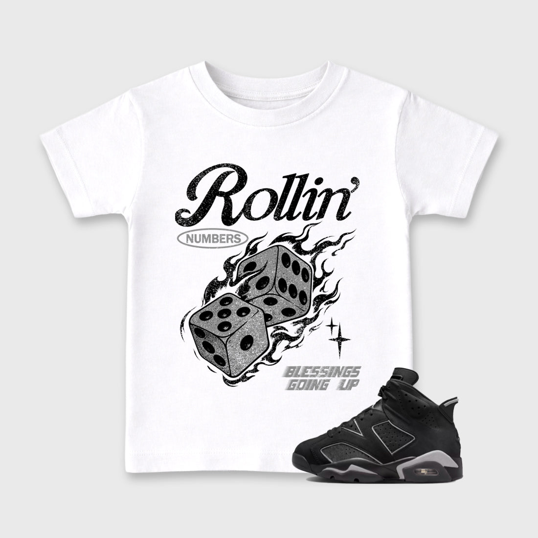 Sneaker match tees – Sneaker Tees To Match Air Jordan 6 Cap and Gown Shoes – Rollin Numbers Kids T-Shirt White 1