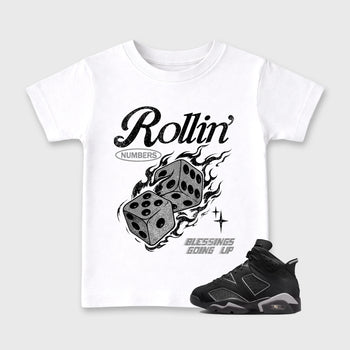 Sneaker match tees – Sneaker Tees To Match Air Jordan 6 Cap and Gown Shoes – Rollin Numbers Kids T-Shirt White 1