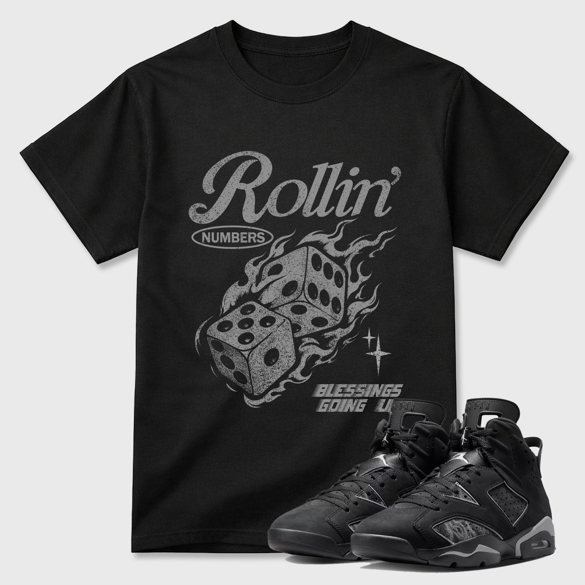 Sneaker match tees – Sneaker Tees To Match Air Jordan 6 Cap and Gown Shoes – Rollin Numbers Tee Black 1