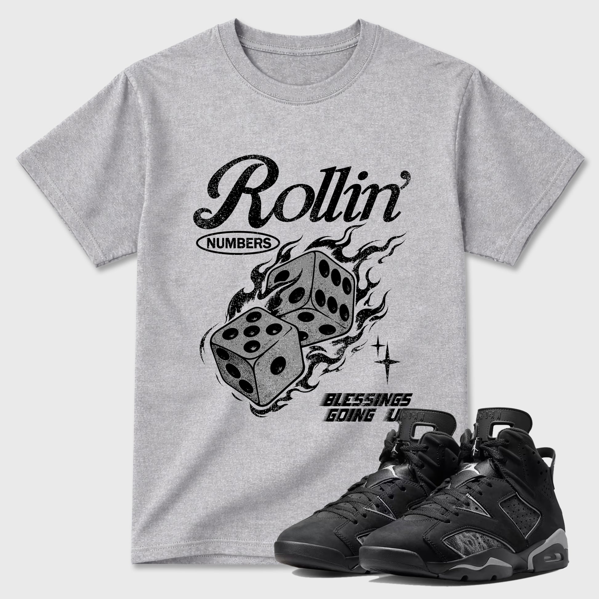 Sneaker match tees – Sneaker Tees To Match Air Jordan 6 Cap and Gown Shoes – Rollin Numbers Tee Heather Grey 1