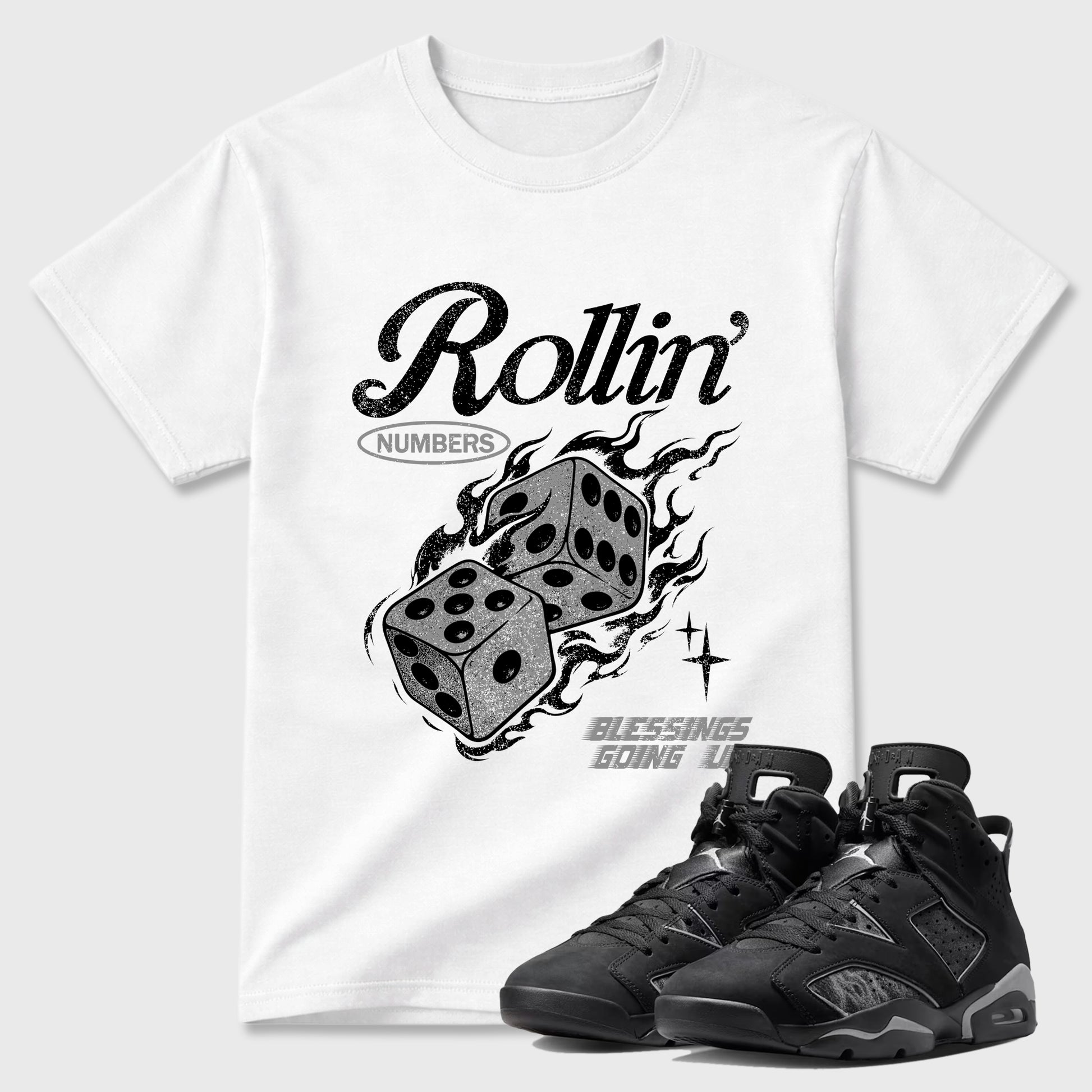 Sneaker match tees – Sneaker Tees To Match Air Jordan 6 Cap and Gown Shoes – Rollin Numbers Tee White 1