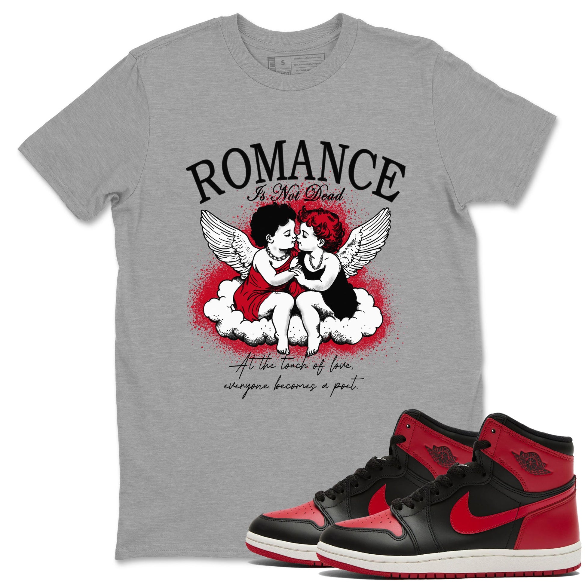 1s '85 Bred shirts to match jordans Romance Is Not Dead best t shirts to wear with jordans AJ1 Retro High OG '85 Bred match shoes to clothes SNRT Sneaker Tees unisex cotton Heather Grey 1 shirts