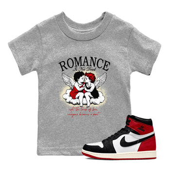 1s Black Toe Reimagined shirts to match jordans Romance Is Not Dead best t shirts to wear with jordans AJ1 High OG Black Toe Reimagined match shoes to clothes SNRT Sneaker Tees Youth Baby Heather Grey 1 tee