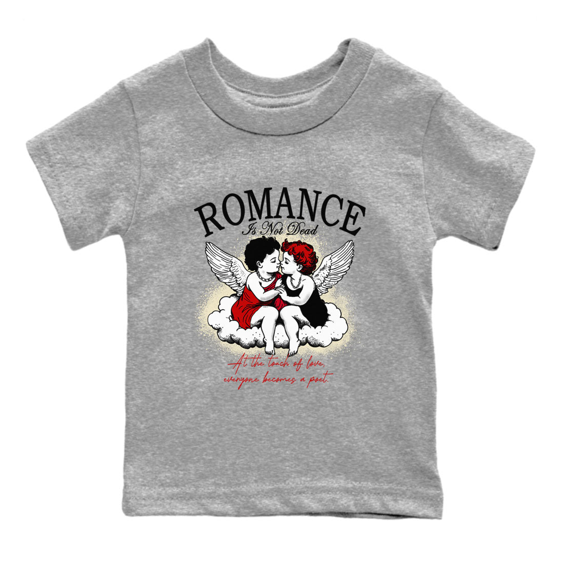 1s Black Toe Reimagined shirts to match jordans Romance Is Not Dead best t shirts to wear with jordans AJ1 High OG Black Toe Reimagined match shoes to clothes SNRT Sneaker Tees Youth Baby Heather Grey 2 tee