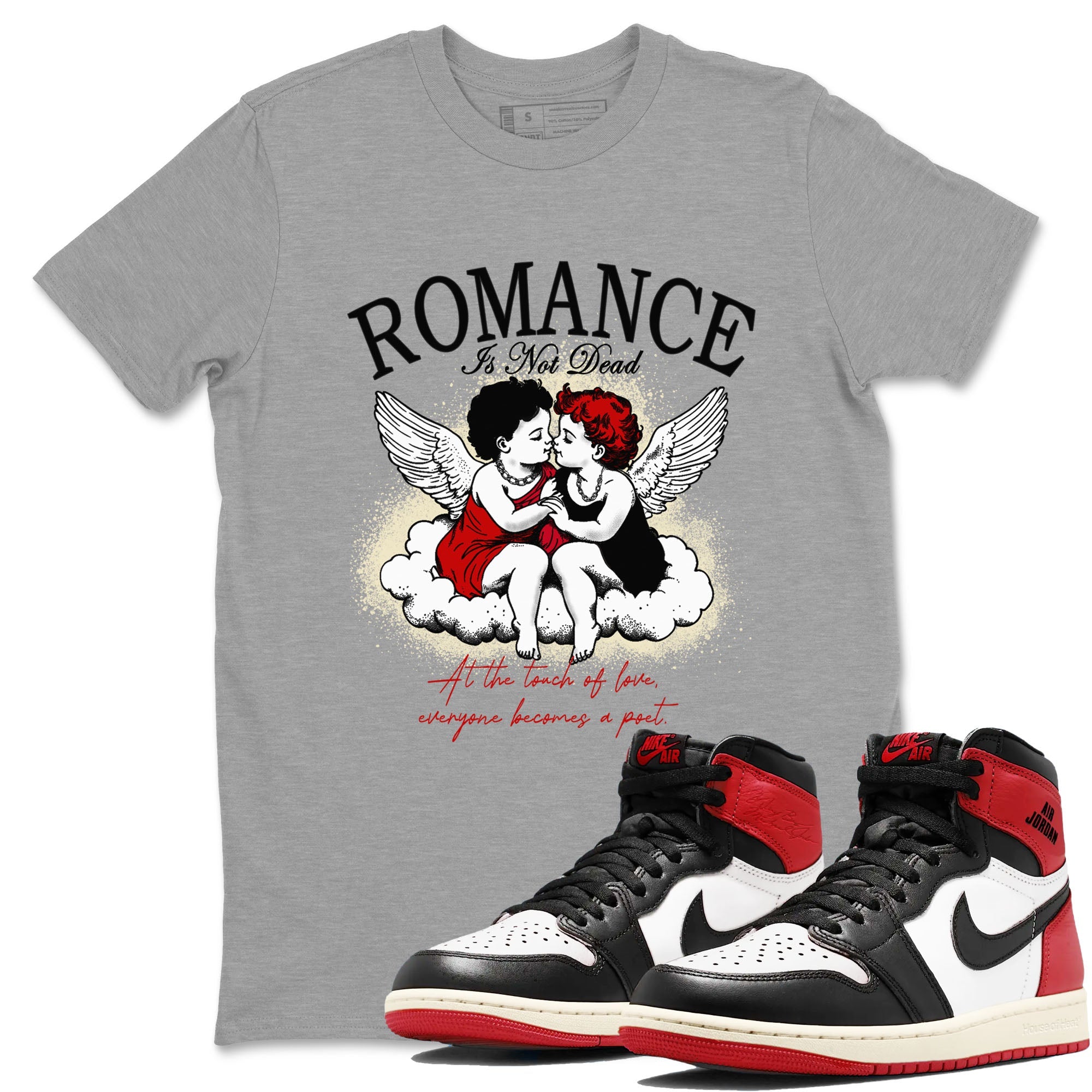 1s Black Toe Reimagined shirts to match jordans Romance Is Not Dead best t shirts to wear with jordans AJ1 High OG Black Toe Reimagined match shoes to clothes SNRT Sneaker Tees unisex cotton Heather Grey 1 shirts