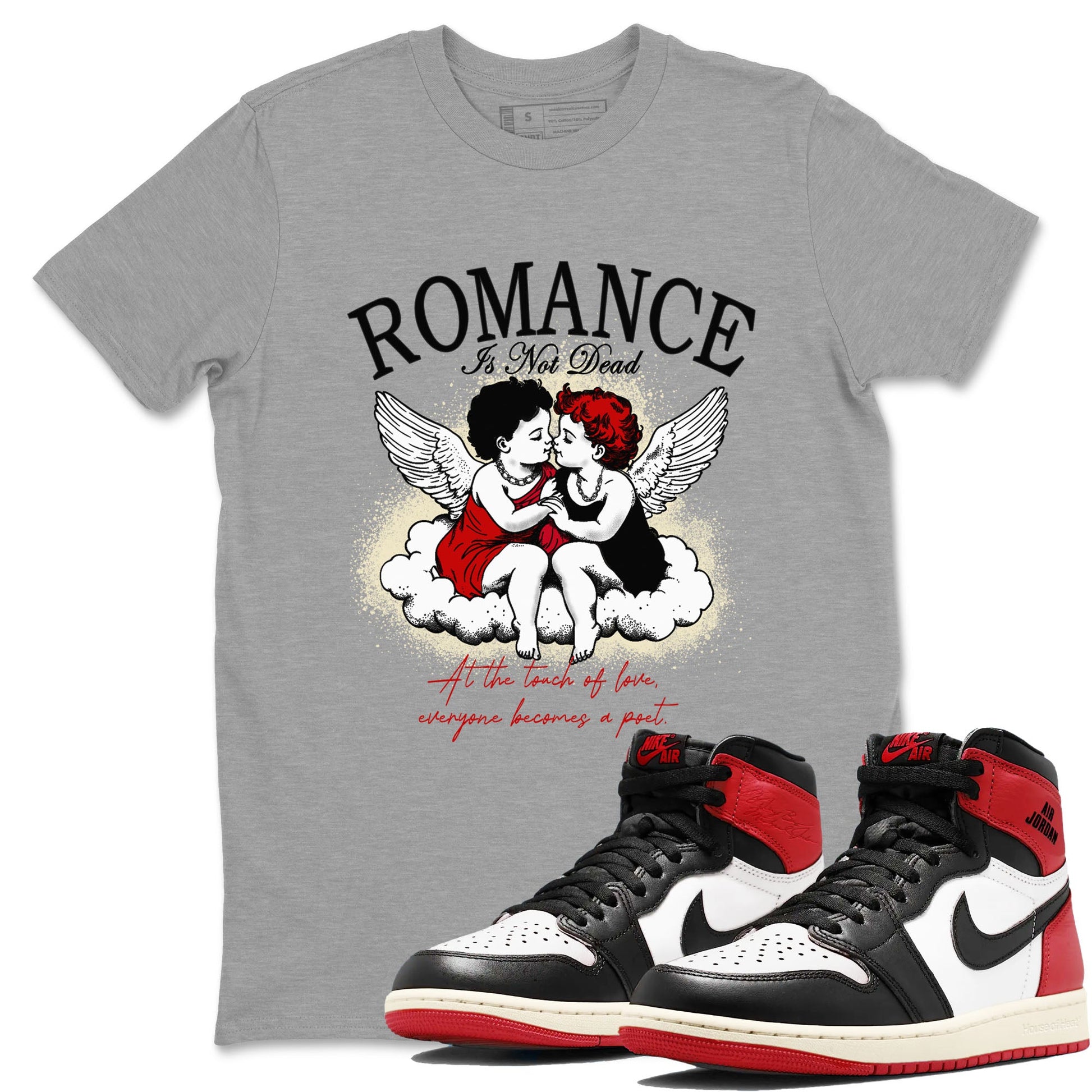 1s Black Toe Reimagined shirts to match jordans Romance Is Not Dead best t shirts to wear with jordans AJ1 High OG Black Toe Reimagined match shoes to clothes SNRT Sneaker Tees unisex cotton Heather Grey 1 shirts