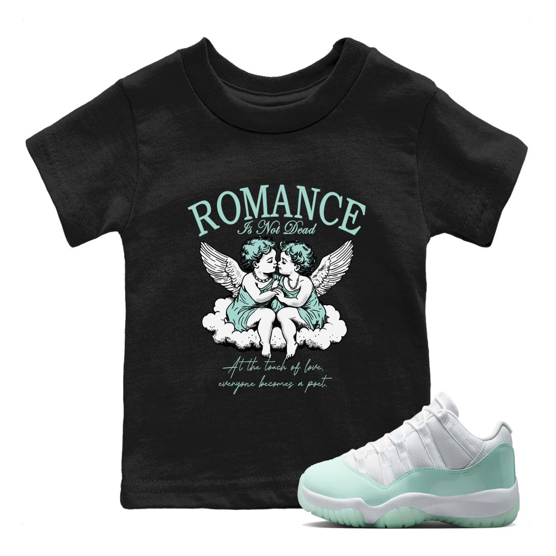 Romance Is Not Dead baby and kids t-shirt crafted for little sneakerheads to shine with the Air Jordan 11 Igloo sneakers, displayed in Black 1.