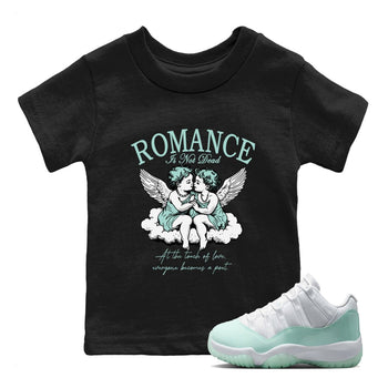 Romance Is Not Dead baby and kids t-shirt crafted for little sneakerheads to shine with the Air Jordan 11 Igloo sneakers, displayed in Black 1.