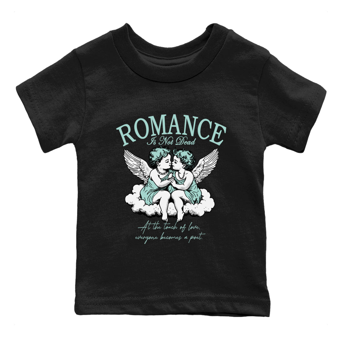 Romance Is Not Dead baby and kids t-shirt crafted for little sneakerheads to shine with the Air Jordan 11 Igloo sneakers, displayed in Black 2.