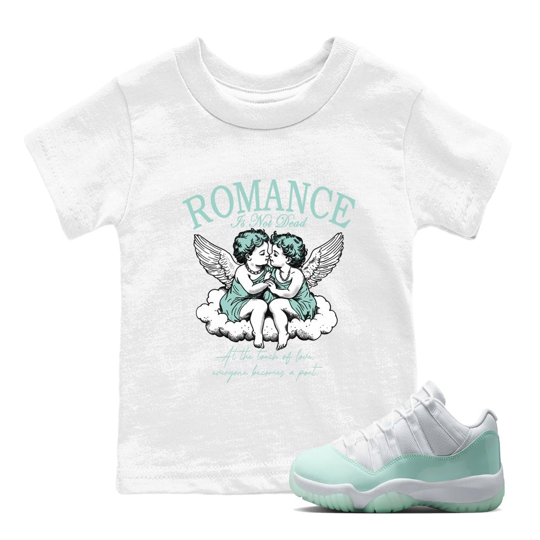 Romance Is Not Dead baby and kids t-shirt crafted for little sneakerheads to shine with the Air Jordan 11 Igloo sneakers, displayed in White 1.