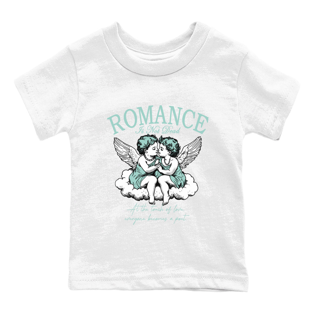 Romance Is Not Dead baby and kids t-shirt crafted for little sneakerheads to shine with the Air Jordan 11 Igloo sneakers, displayed in White 2.