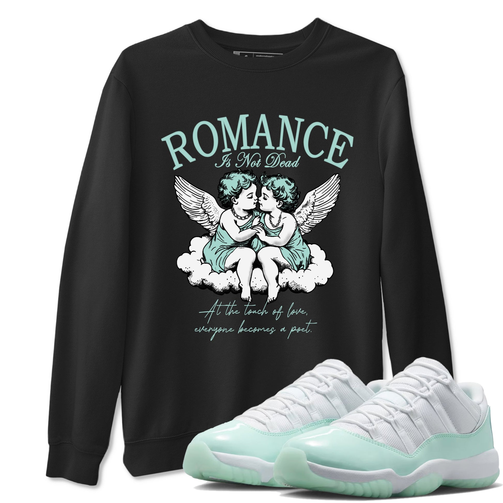 Romance Is Not Dead sneaker match t-shirt styled to complete your fit with the Air Jordan 11 Igloo sneakers, shown in Black 1.