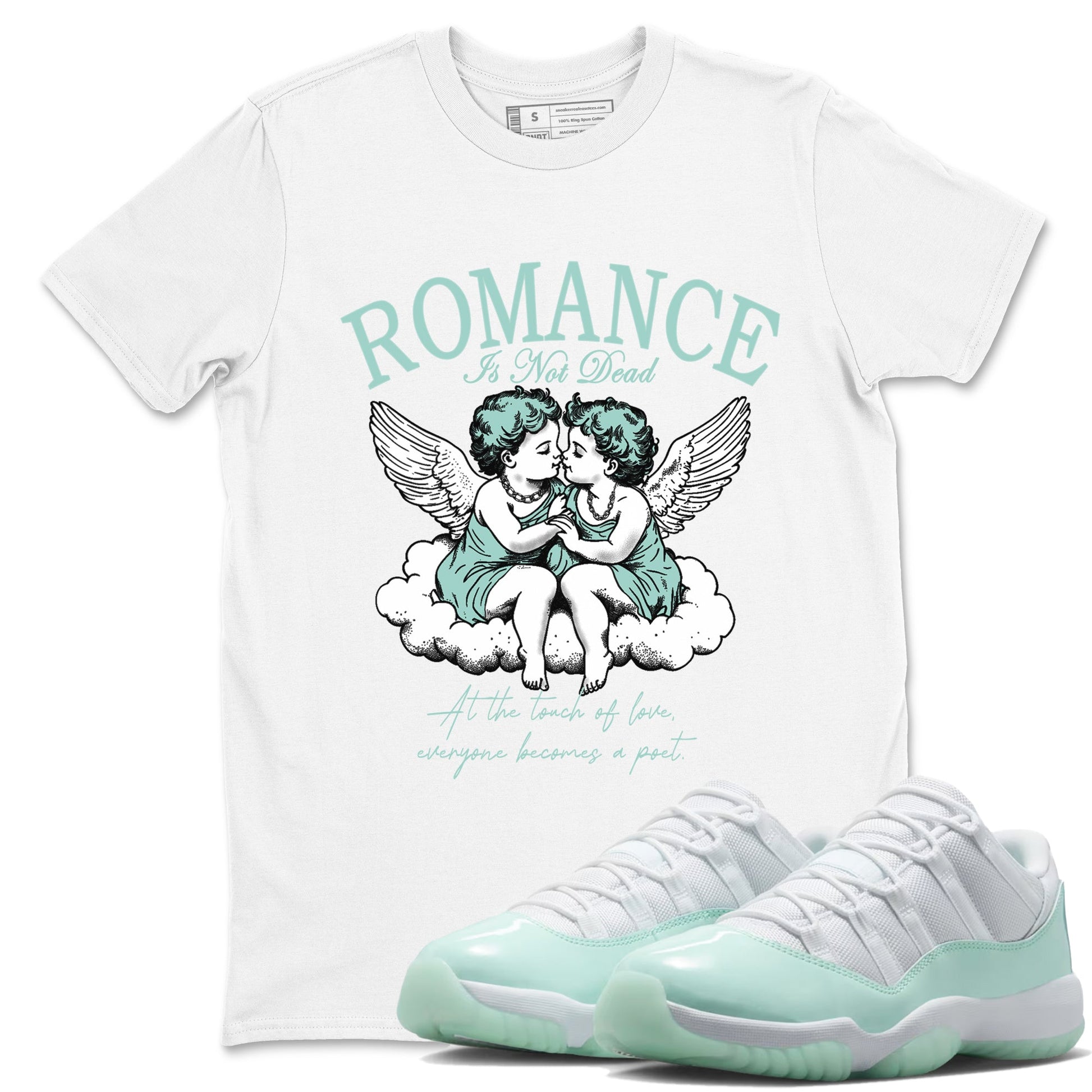 Romance Is Not Dead sneaker match t-shirt styled to complete your fit with the Air Jordan 11 Igloo sneakers, shown in White 1.