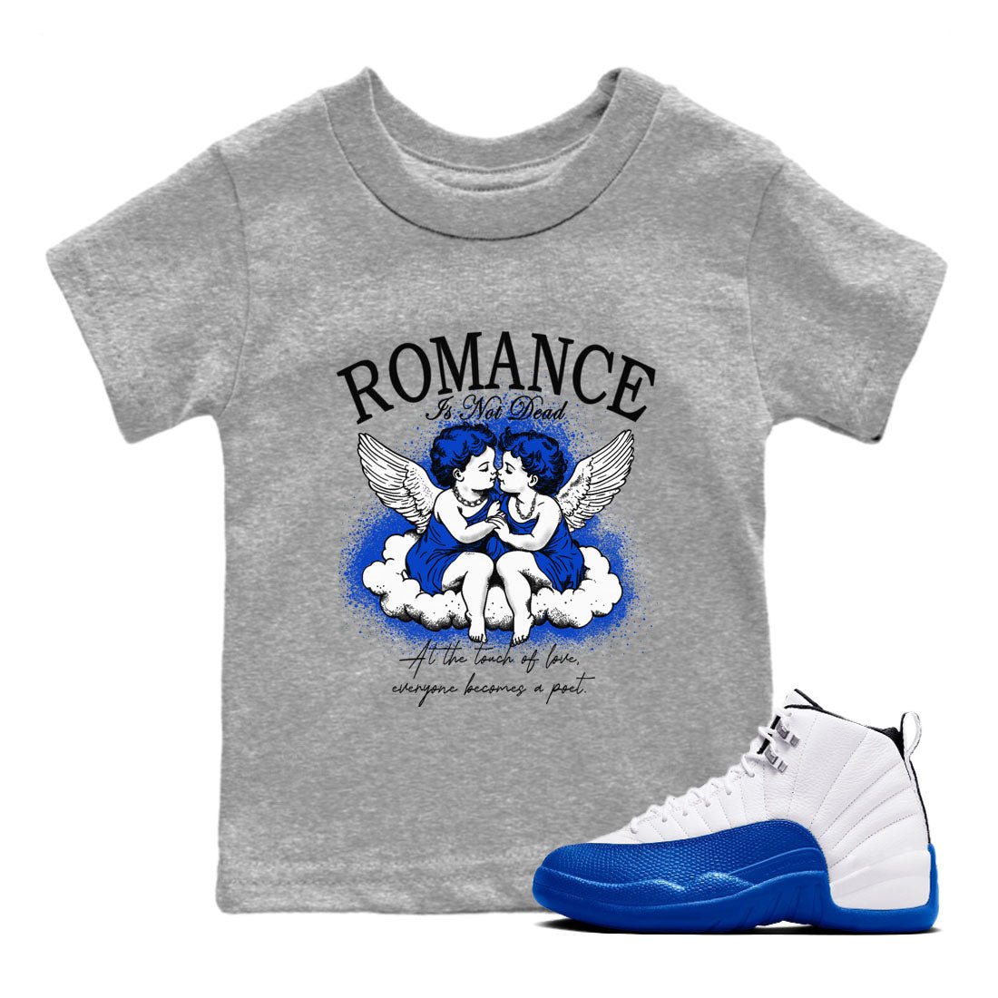 12s Blueberry shirts to match jordans Romance Is Not Dead best t shirts to wear with jordans Air Jordan 12 Retro Blueberry match shoes to clothes SNRT Sneaker Tees Youth Baby Heather Grey 1 tee