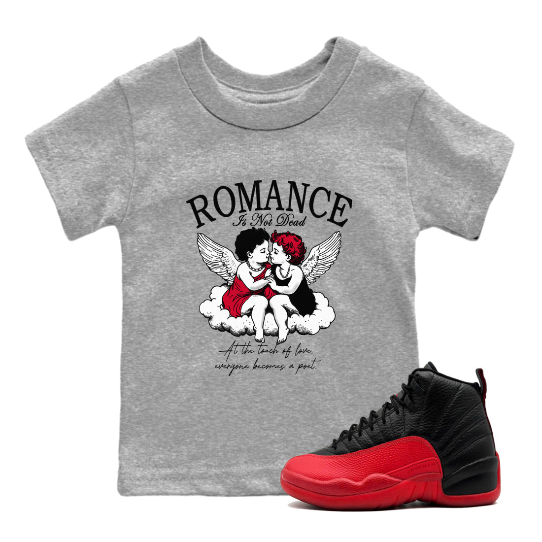 12s Flu Game shirts to match jordans Romance Is Not Dead best t shirts to wear with jordans Air Jordan 12 Retro Flu Black and Varsity Red match shoes to clothes SNRT Sneaker Tees Youth Baby Heather Grey 1 tee