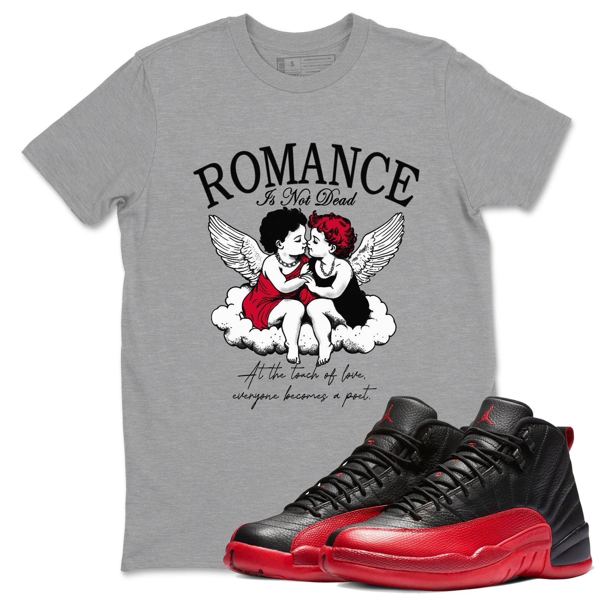 12s Flu Game shirts to match jordans Romance Is Not Dead best t shirts to wear with jordans Air Jordan 12 Retro Flu Black and Varsity Red match shoes to clothes SNRT Sneaker Tees unisex cotton Heather Grey 1 shirts