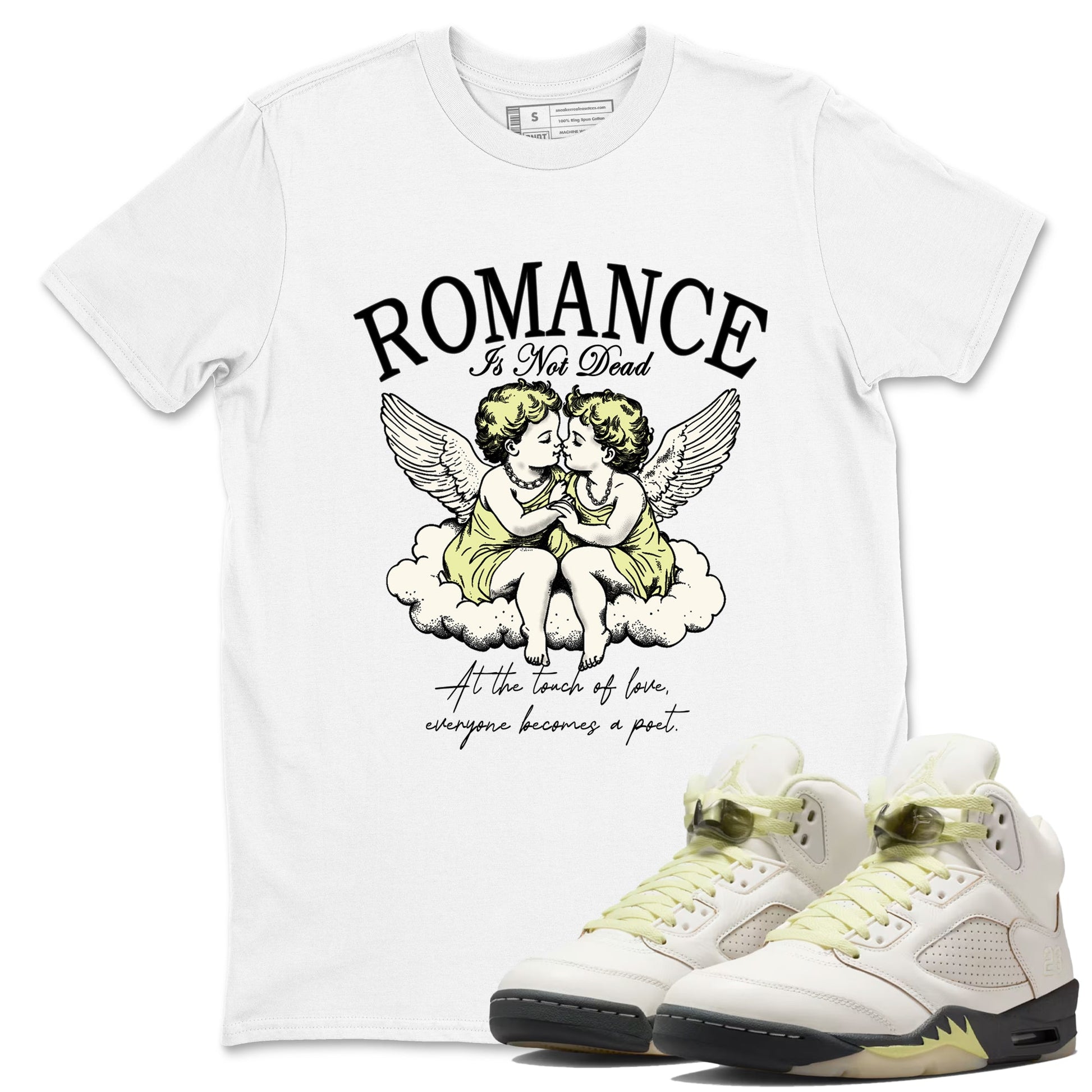Sneaker match tees – Sneaker Tees To Match Air Jordan 5 Luminous Green Shoes – Romance Is Not Dead Tee White 1