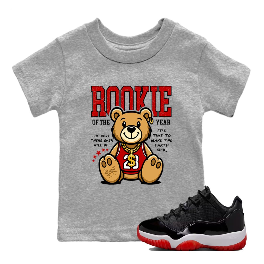 11s Bred shirts to match jordans Rookie Of The Year sneaker match tees Air Jordan 11 Retro Bred match shoes to clothes SNRT Sneaker Tees Youth Baby Heather Grey 1 tee