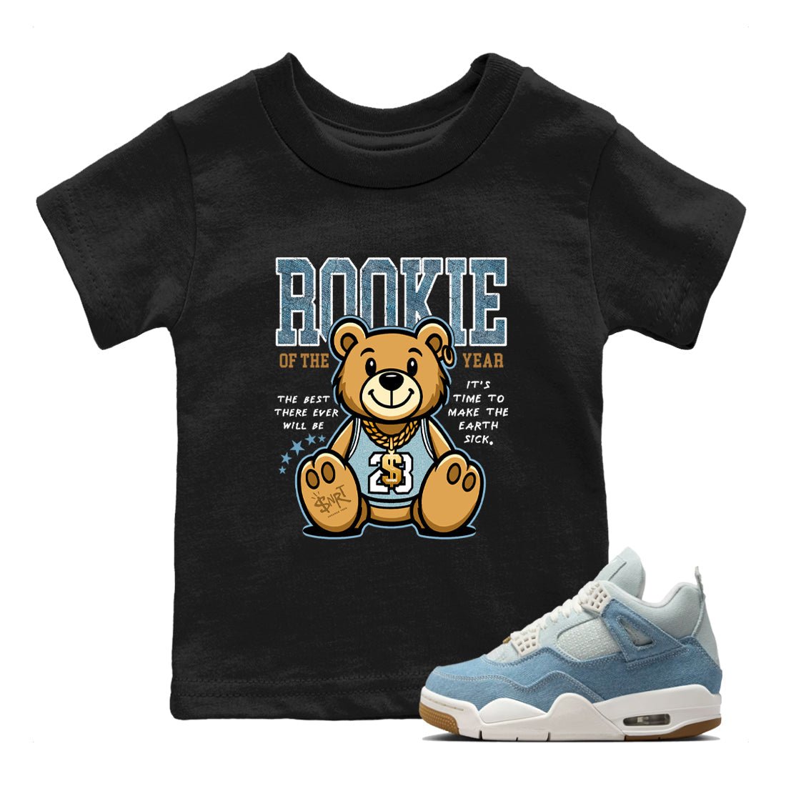 Sneaker match tees – Sneaker Tees To Match 4s Worn Blue Air Jordan 4 Denim Shoes – Rookie Of The Year Kids T-Shirt Black 1