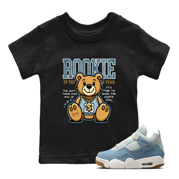 Sneaker match tees – Sneaker Tees To Match 4s Worn Blue Air Jordan 4 Denim Shoes – Rookie Of The Year Kids T-Shirt Black 1