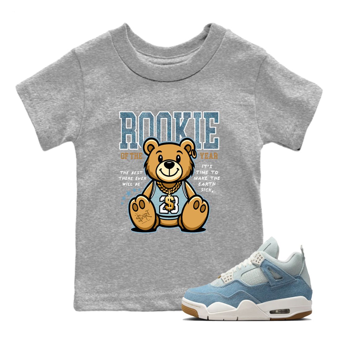 Sneaker match tees – Sneaker Tees To Match 4s Worn Blue Air Jordan 4 Denim Shoes – Rookie Of The Year Kids T-Shirt Heather Grey 1