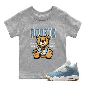Sneaker match tees – Sneaker Tees To Match 4s Worn Blue Air Jordan 4 Denim Shoes – Rookie Of The Year Kids T-Shirt Heather Grey 1