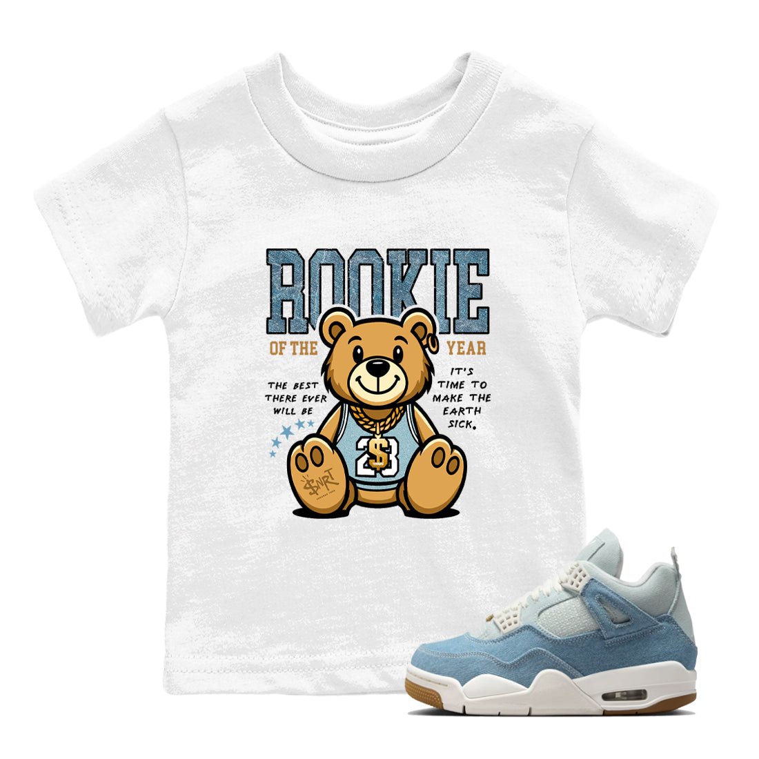 Sneaker match tees – Sneaker Tees To Match 4s Worn Blue Air Jordan 4 Denim Shoes – Rookie Of The Year Kids T-Shirt White 1