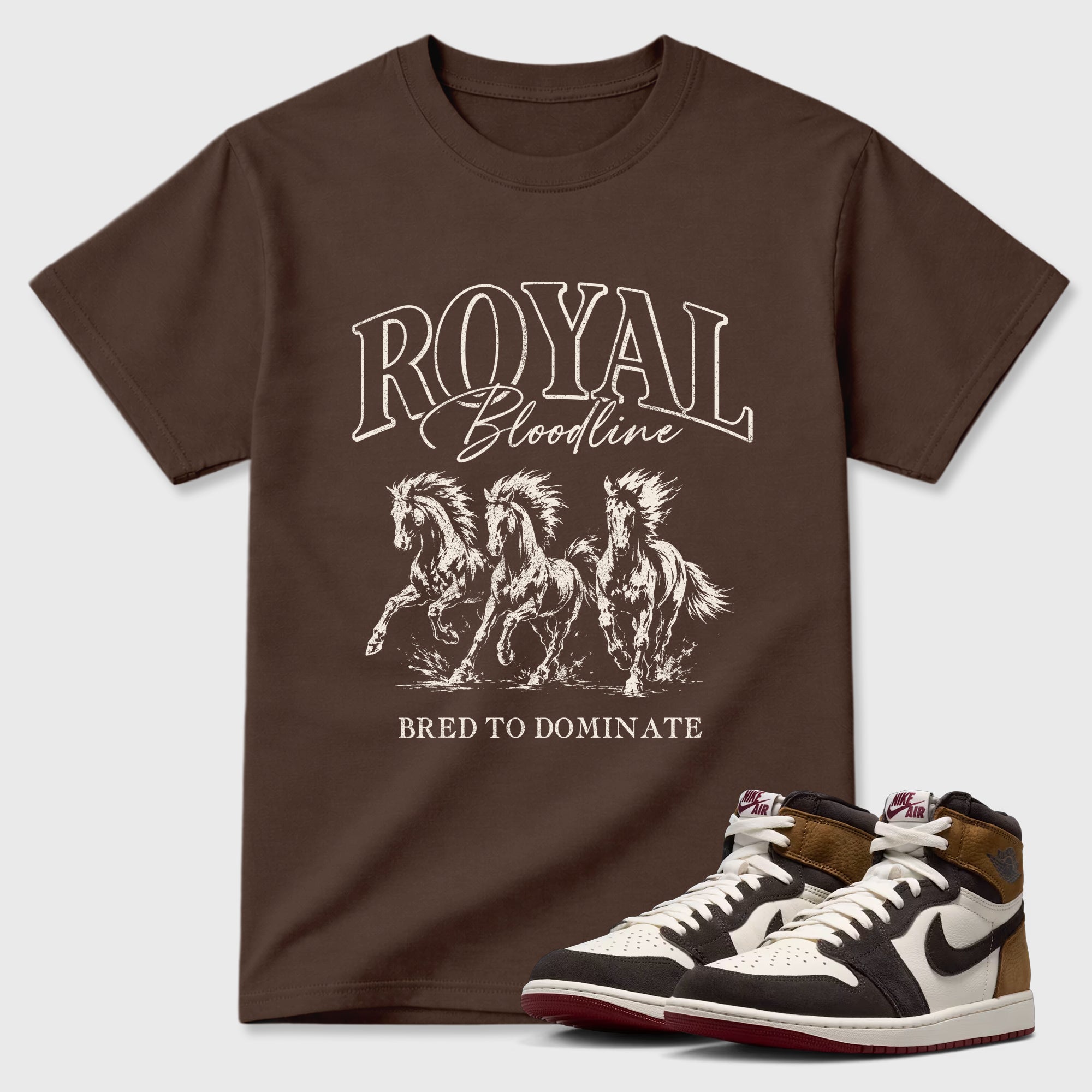 Royal Bloodline Graphic T-Shirt featuring original streetwear artwork designed to match the Air Jordan 1 Love Letter. Dark Chocolate 1 Graphic T-Shirt.