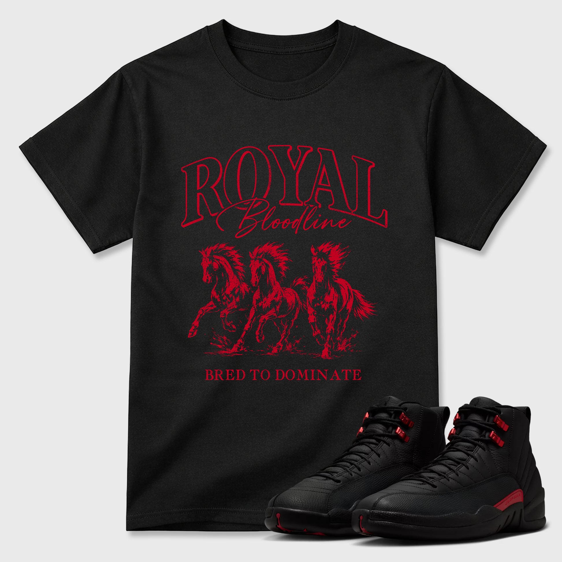 Royal Bloodline Graphic T-Shirt sneaker match tee designed for the Air Jordan 12 Retro Bloodline, featuring coordinated color options for a perfect streetwear match. Black 1 shirt.