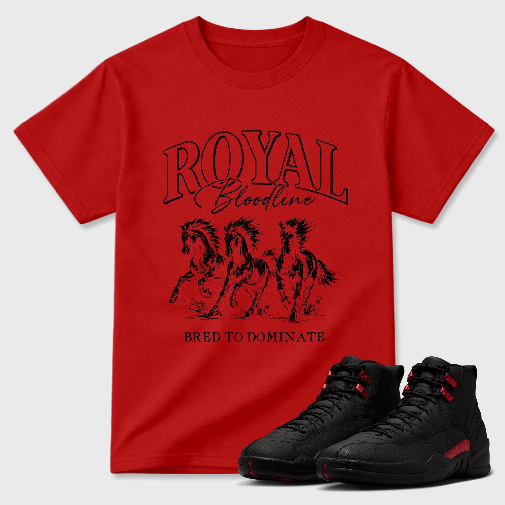 Royal Bloodline Graphic T-Shirt sneaker match tee designed for the Air Jordan 12 Retro Bloodline, featuring coordinated color options for a perfect streetwear match. Red 1 shirt.