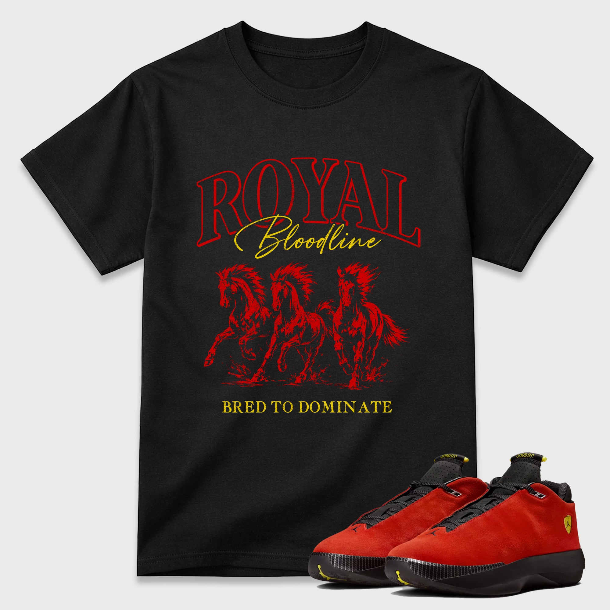 Royal Bloodline Graphic T-Shirt featuring original streetwear artwork designed to match the Air Jordan 14 Challenge Red. Black 1 Graphic T-Shirt.