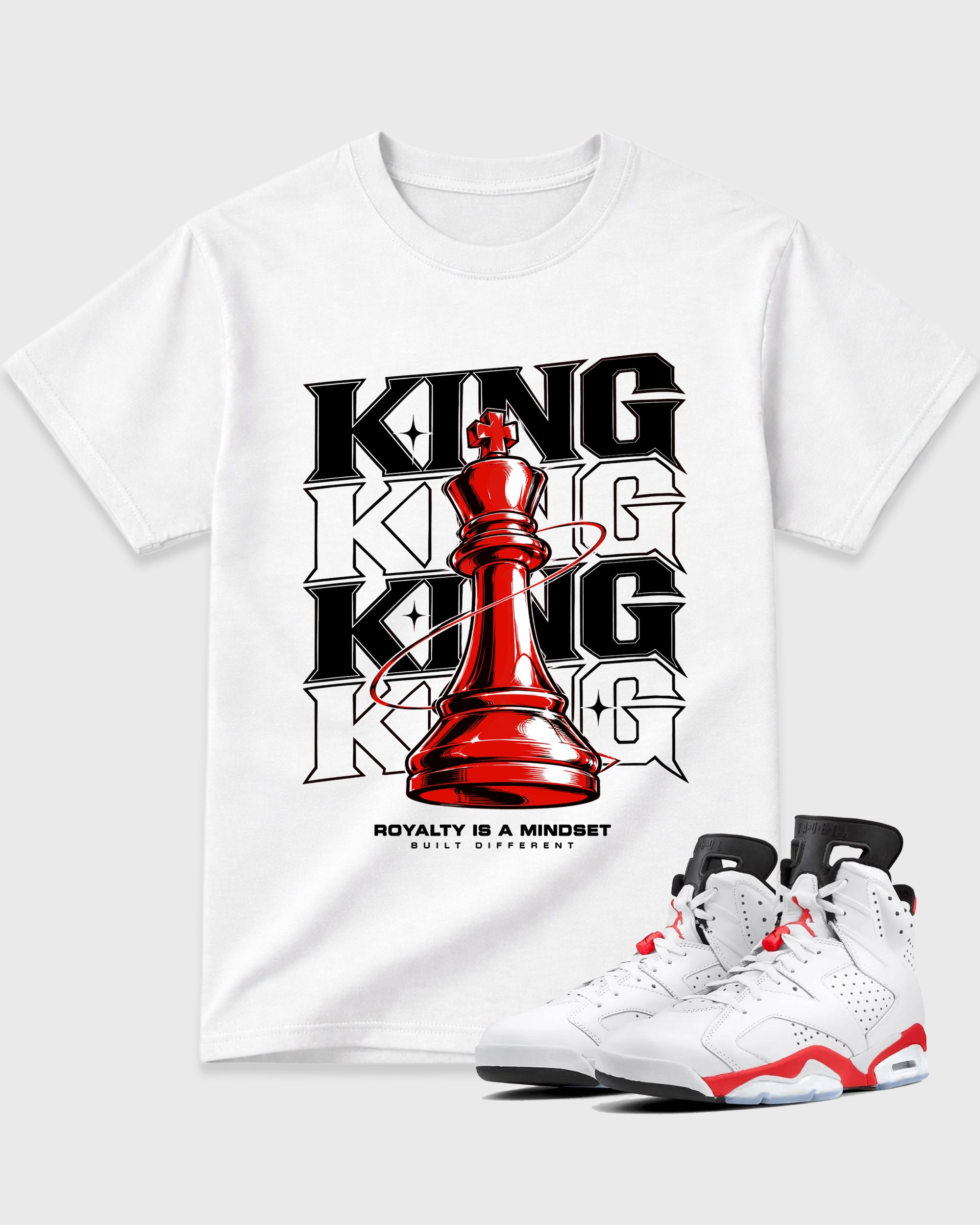Royal Mindset King Graphic T-Shirt featuring original streetwear artwork designed to match the Air Jordan 6 White Infrared. White 1 Graphic T-Shirt.