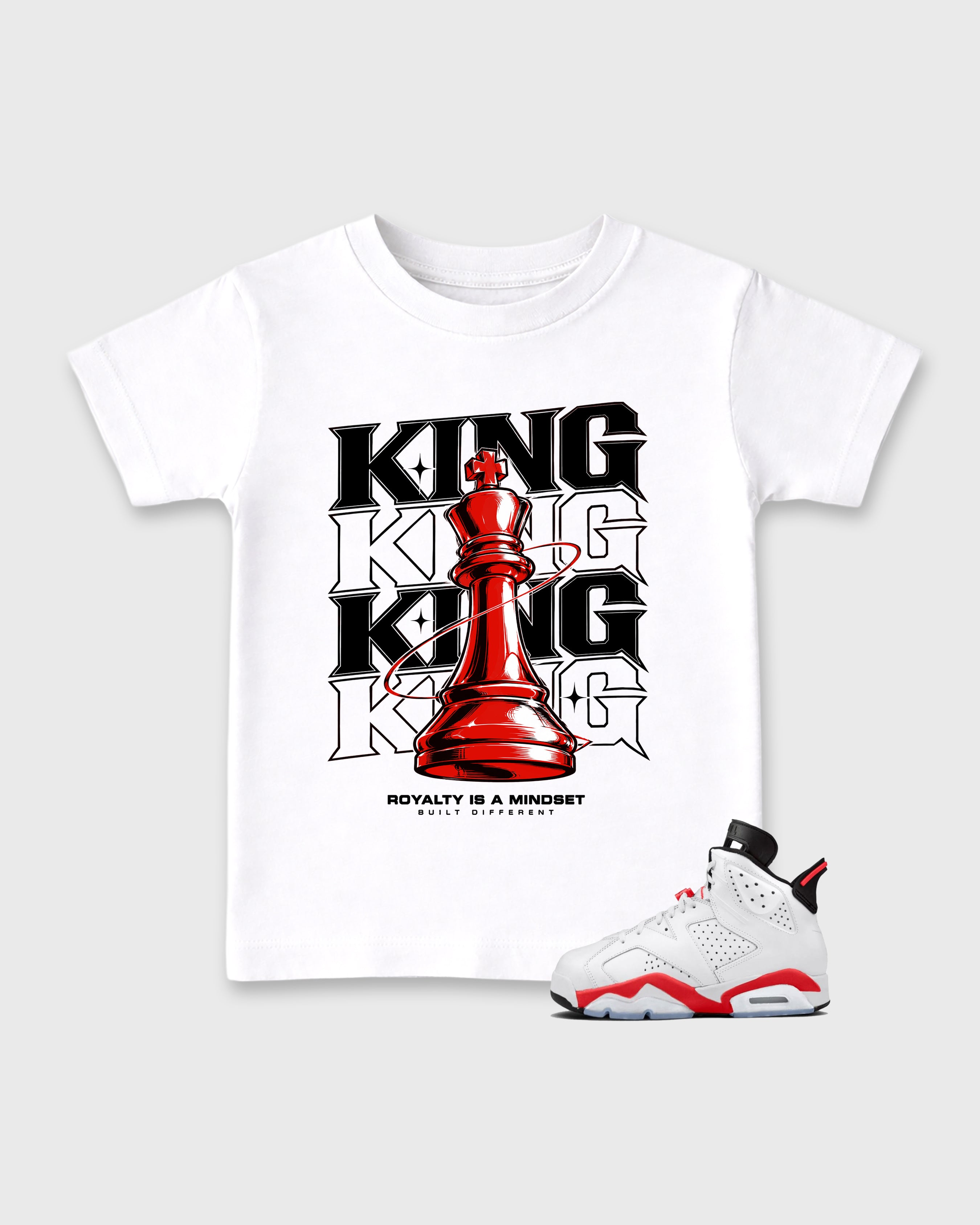 Royal Mindset King Baby & Kids Graphic T-Shirt featuring original artwork designed to match the Air Jordan 6 White Infrared. White 1 Kids Graphic Tee.